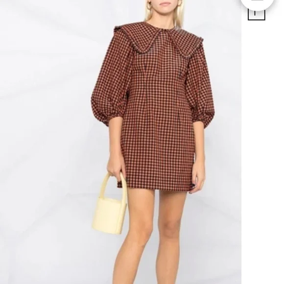 GANNI SEERSUCKER CHECK MINI DRESS FLAME SIZE 38 - Picture 4 of 16